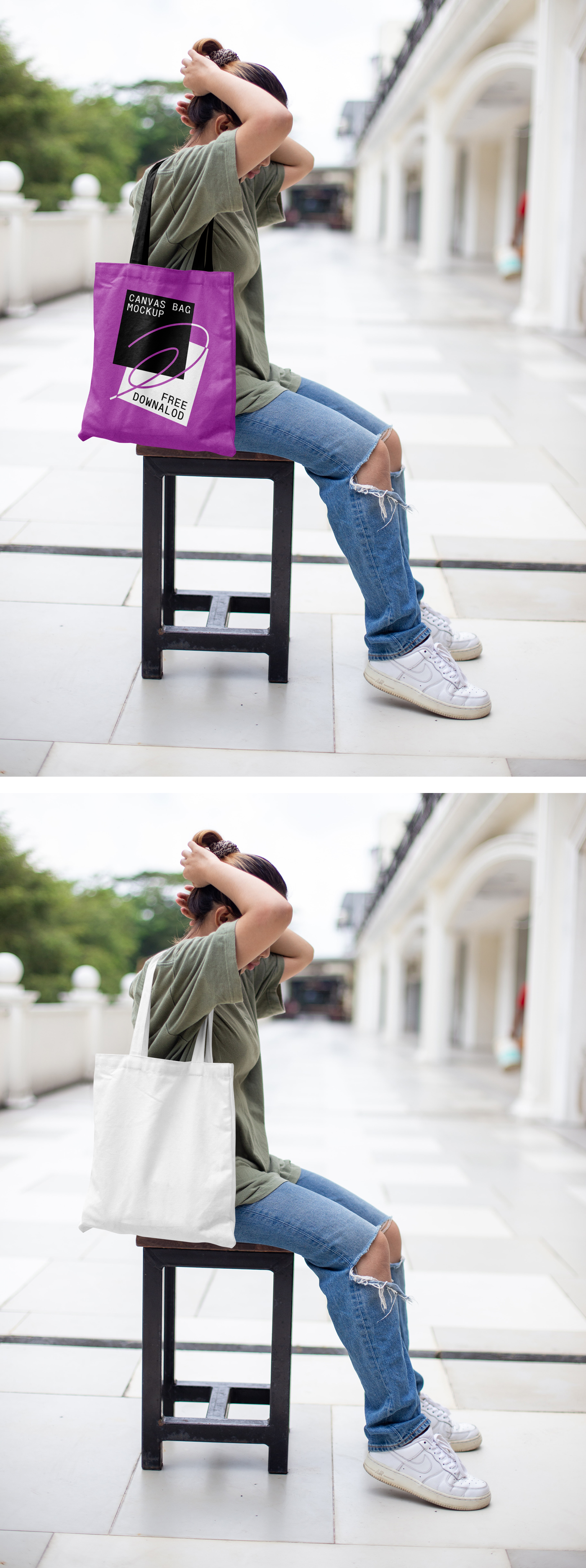Women sitting on a wood chair wearing a white canvas bag mockup on her shoulder.