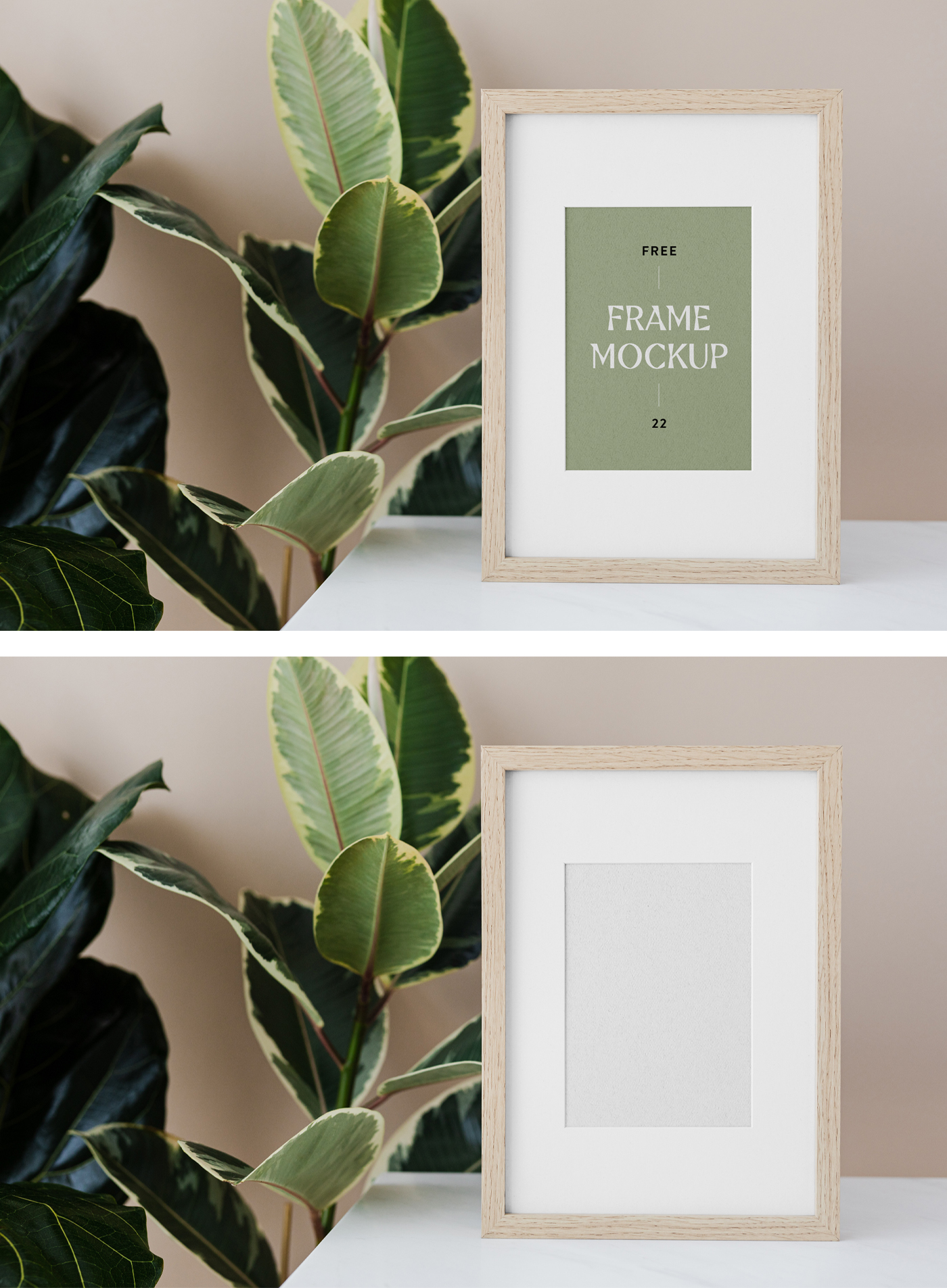 Blank wood frame mockup standing on the table with plant.