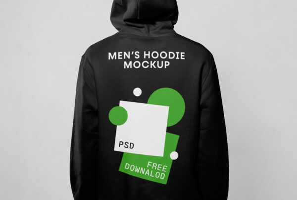 Back of men's hoodie mockup seen from the front on the white wall background.