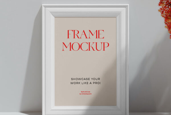 A mini frame mockup leans against the wall with flowers seen from the front.