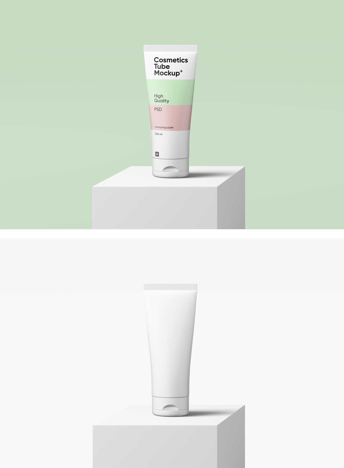 The white cosmetics tube mockup on the white cubic on the green background.