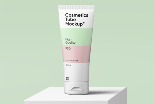 The cosmetics tube mockup on the white cubic on the green background.