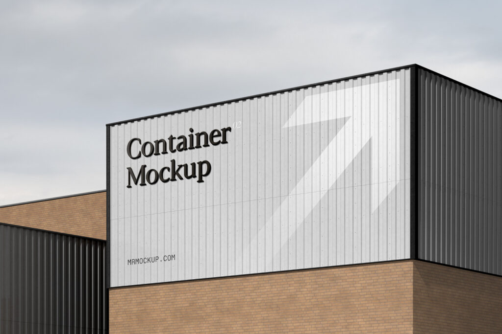 Metal container with sign mockup above the brick building.