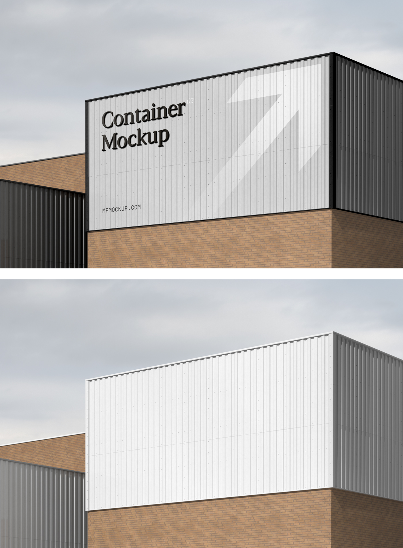 Blank metal container with sign mockup above the brick building.