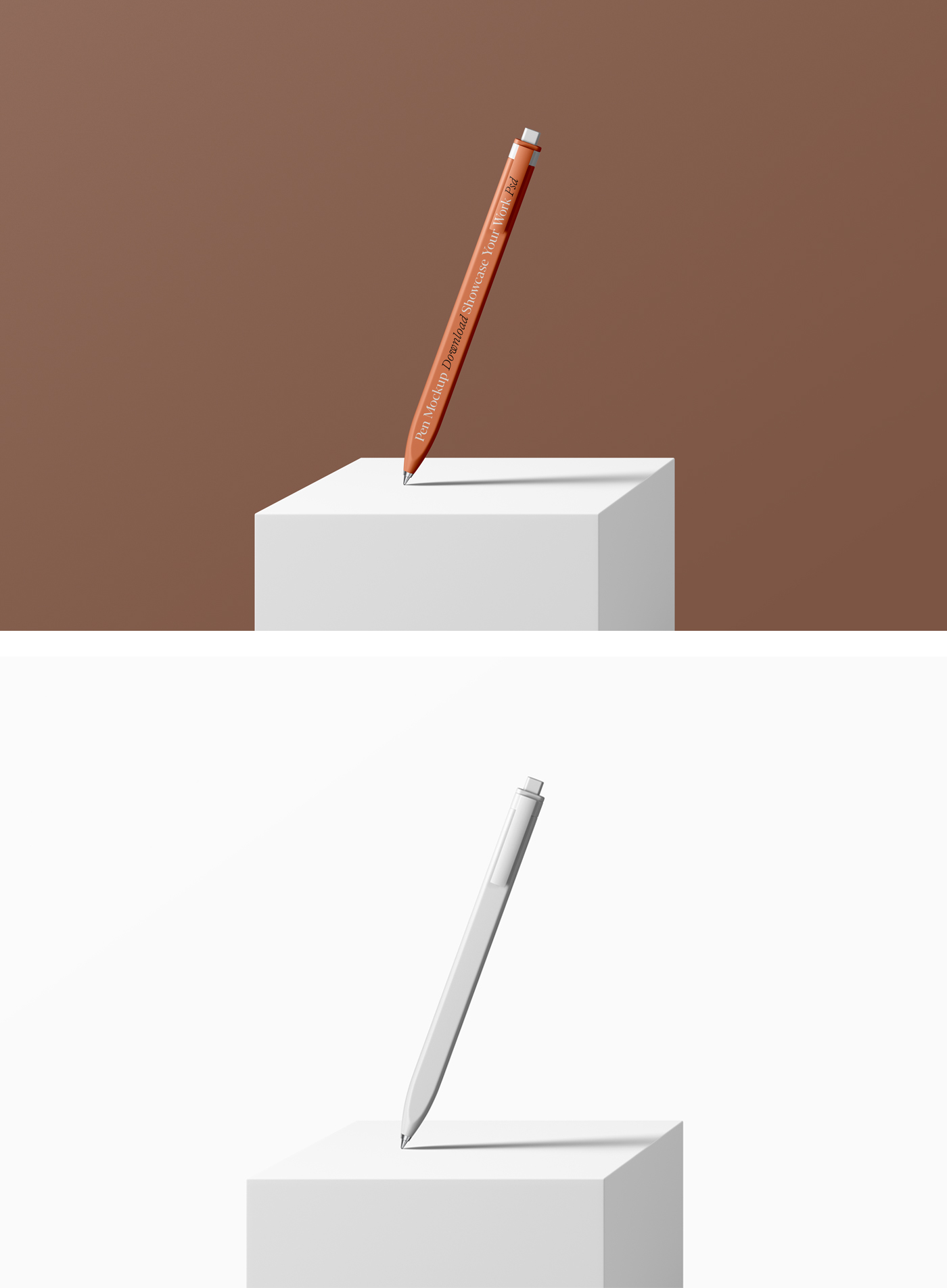 Levitating blank pen on box mockup above white cubic.