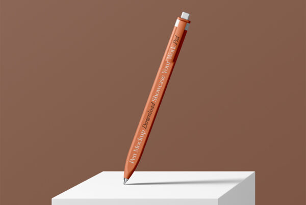 Levitating pen on box mockup above white cubic.