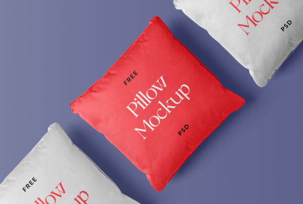 The pillow mockup on the purple floor.