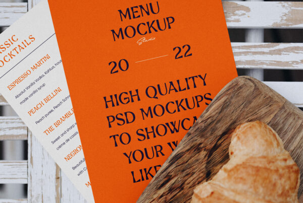 Menu cards mockup with croissant composition on the old wood table.