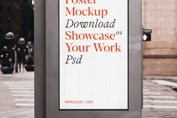 The poster mockup on the street is seen from the front.