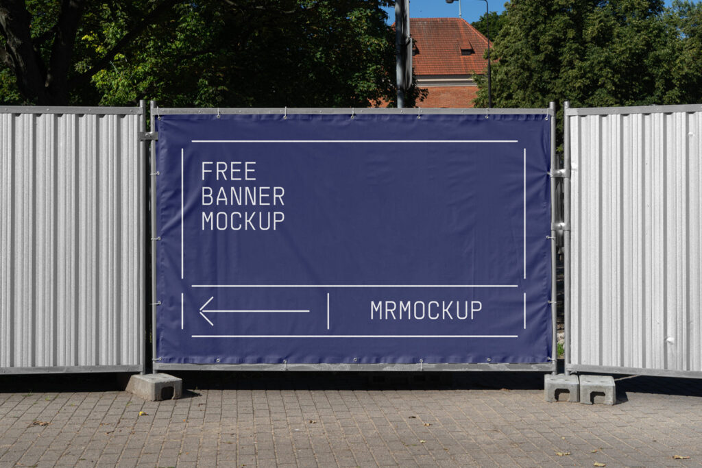 Tilt banner mockup on a metal fence.