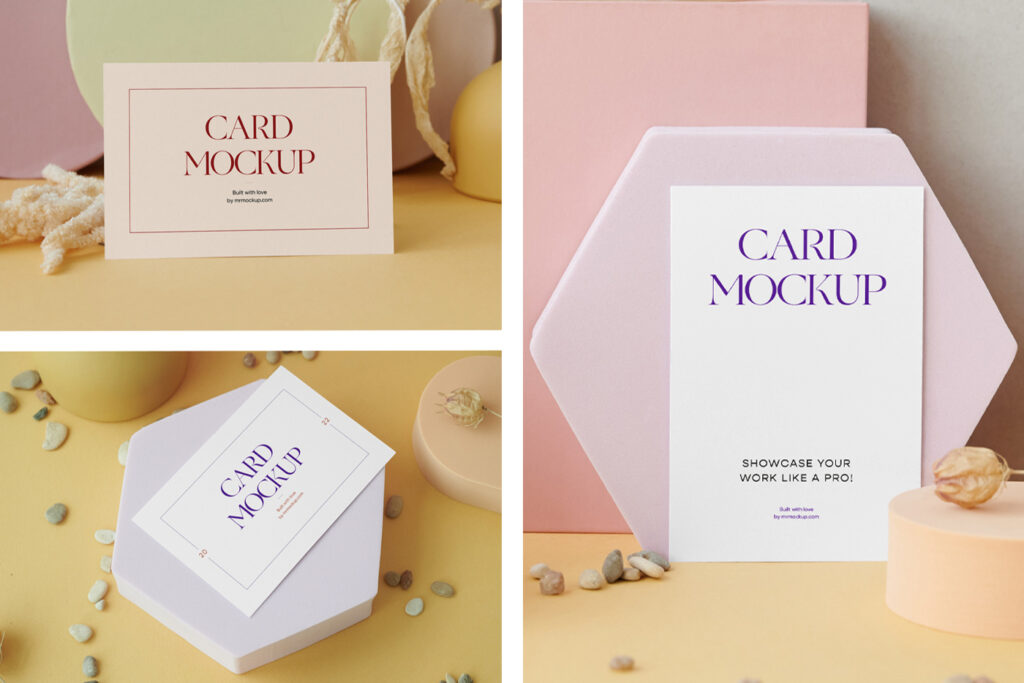 A card mockups with paper figures decorations.