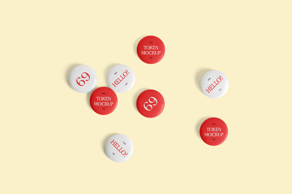 Circle tokens mockup scattered on the floor.