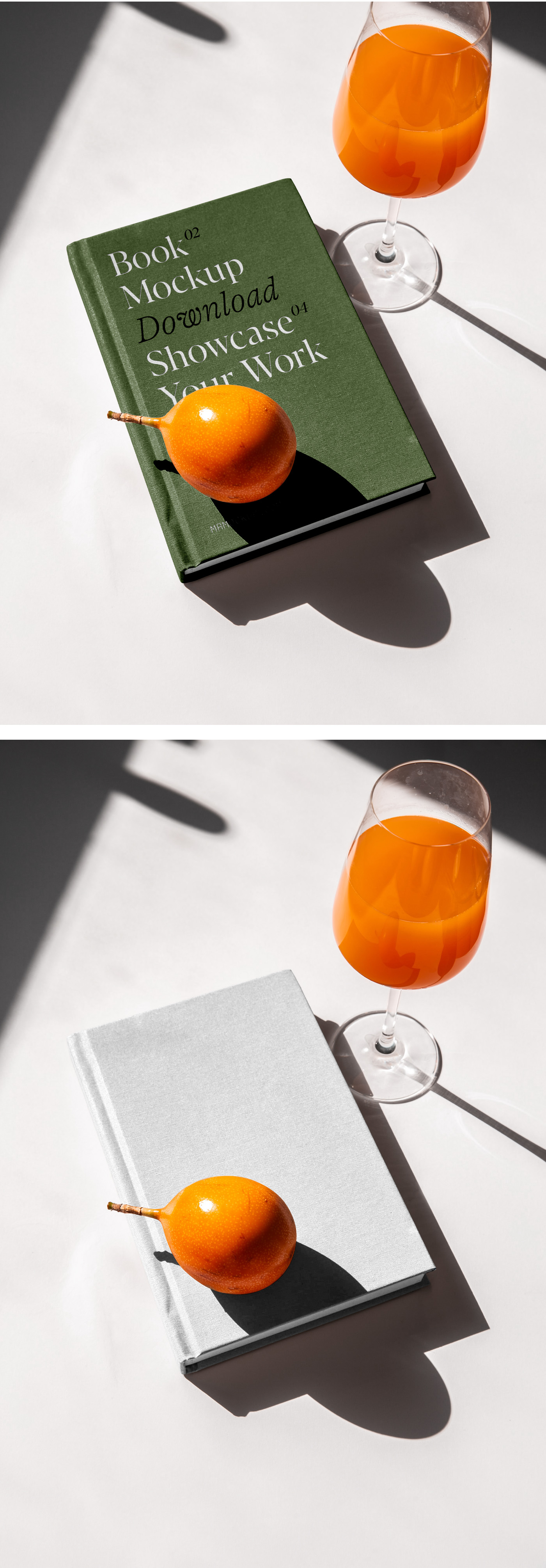 White book cover mockup on a table with mango and glass tableware.