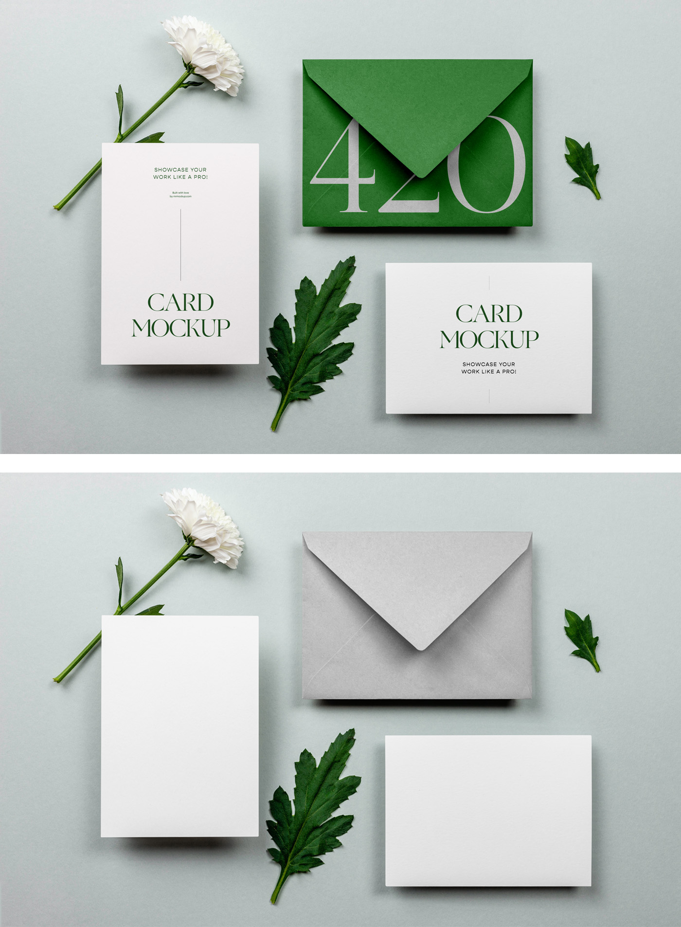 A mini stationery set mockup lies on the floor with plants.