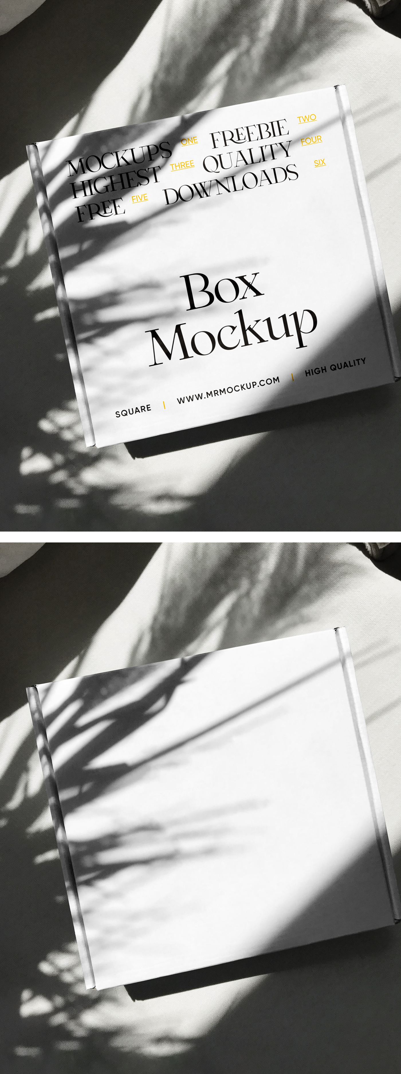 Blank white square package mockup covered with shadow on the floor.