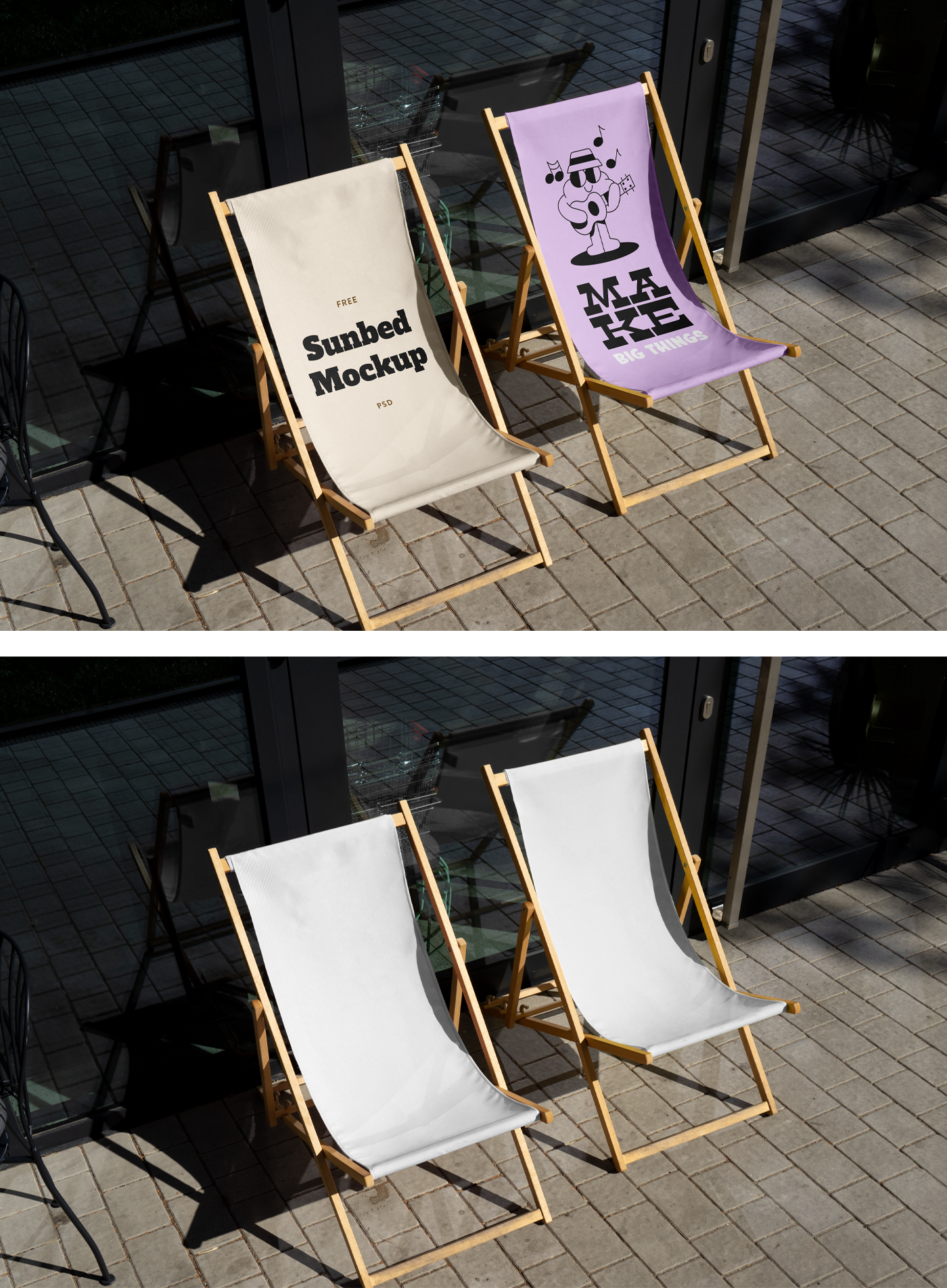 Two blank sunbeds mockup loungers standing in front of the shop's glass entrance.