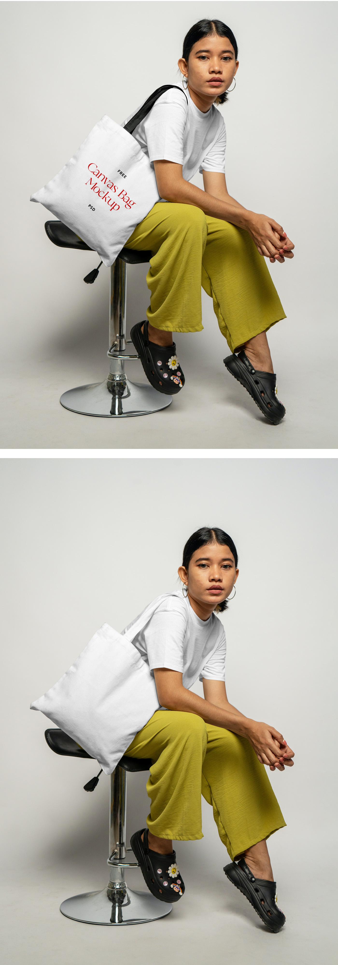 Woman sitting and wearing canvas bag mockup.