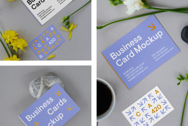 The business card's mockup is placed on the floor, seen from above.