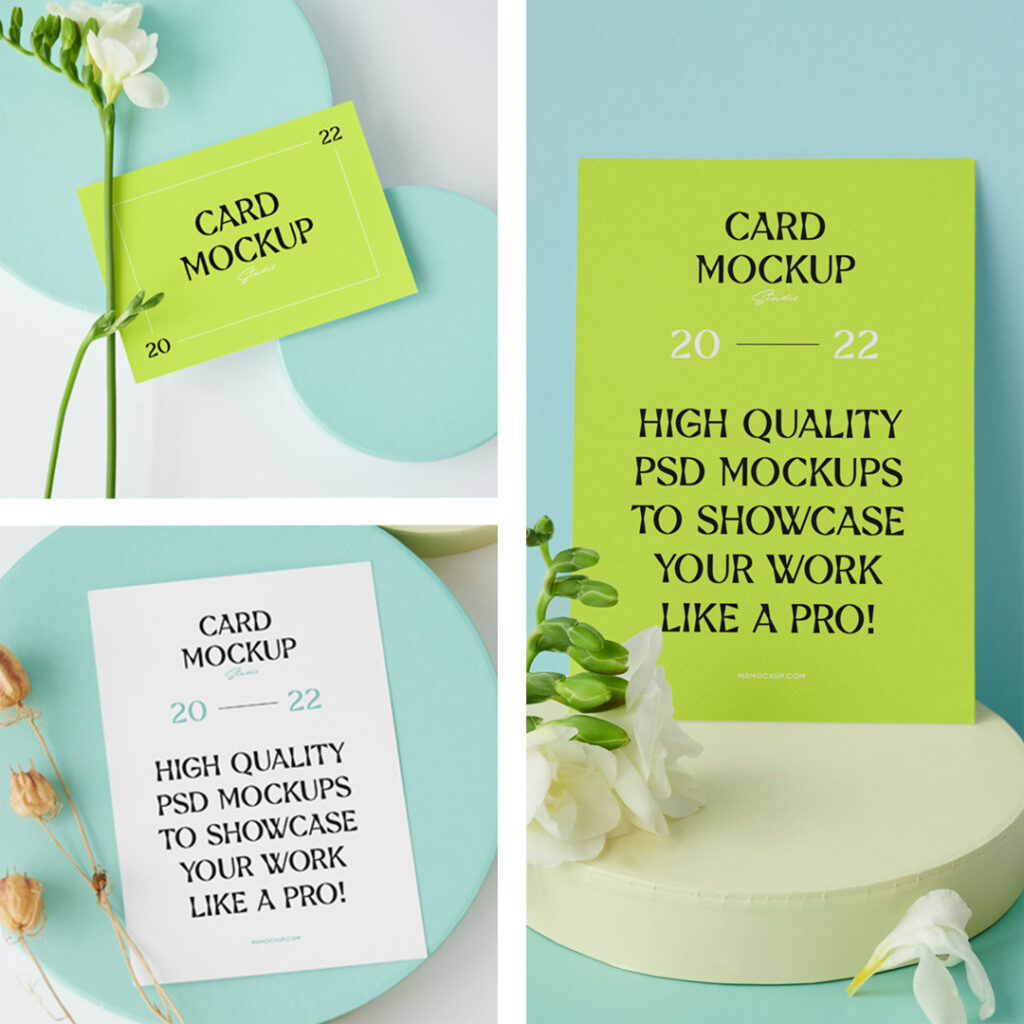 The card mockups on the circle paper boxes.