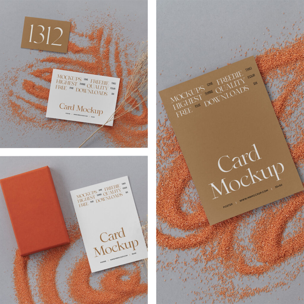 A card mockups with twig decorations lying on the floor.