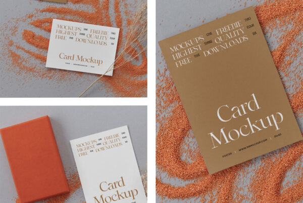 A card mockups with twig decorations lying on the floor.