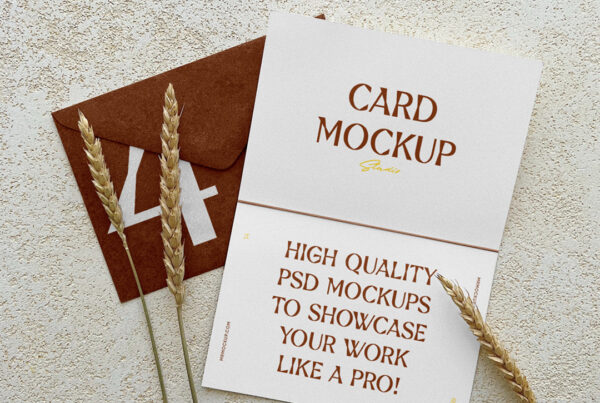 An open card mockup with an envelope on the concrete floor.