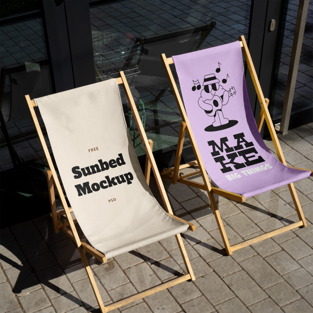Two sunbeds mockup loungers standing in front of the shop's glass entrance.