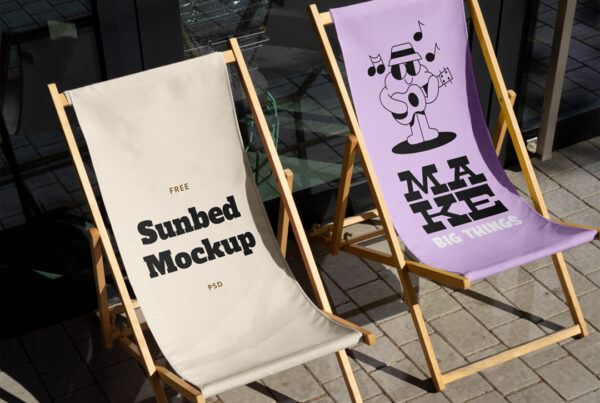 Two sunbeds mockup loungers standing in front of the shop's glass entrance.