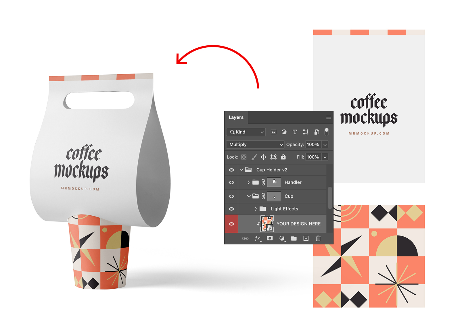 Coffee holder showing how easy is usage of Front View Mockups.