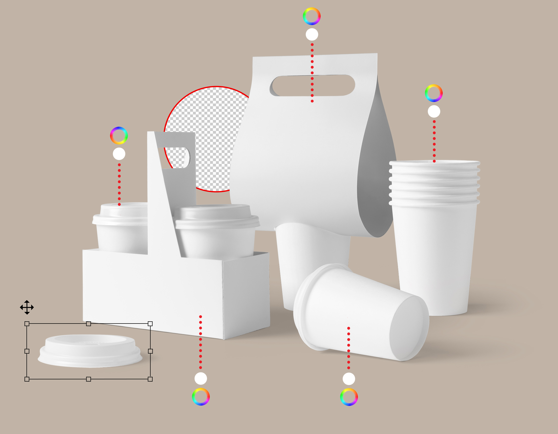 White cafe project scene with take away cups and cup holders, from Front View Mockups.