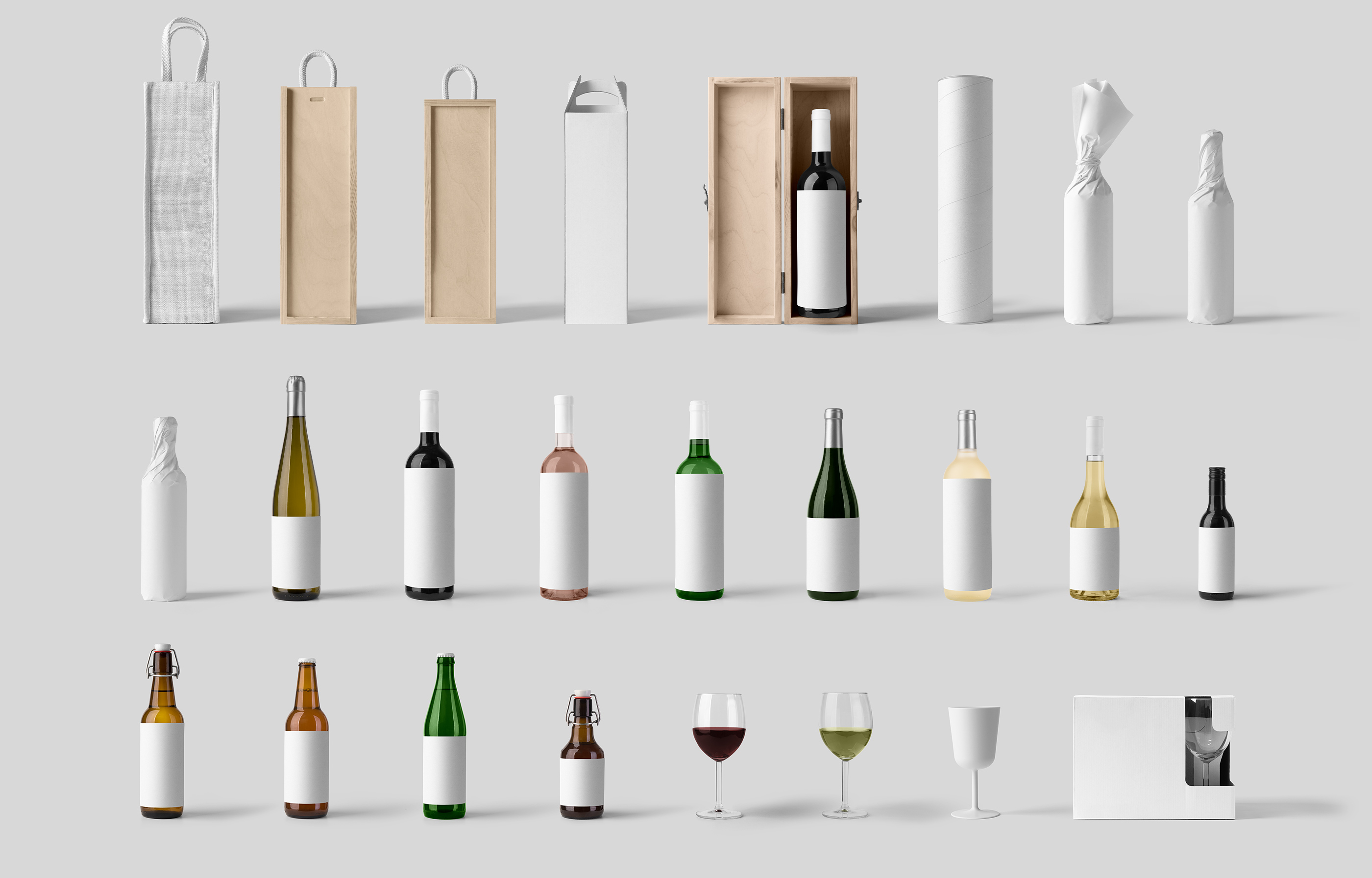Front view of wine bottles, beer bottles, wine boxes and wine glasses from Front View Mockups.
