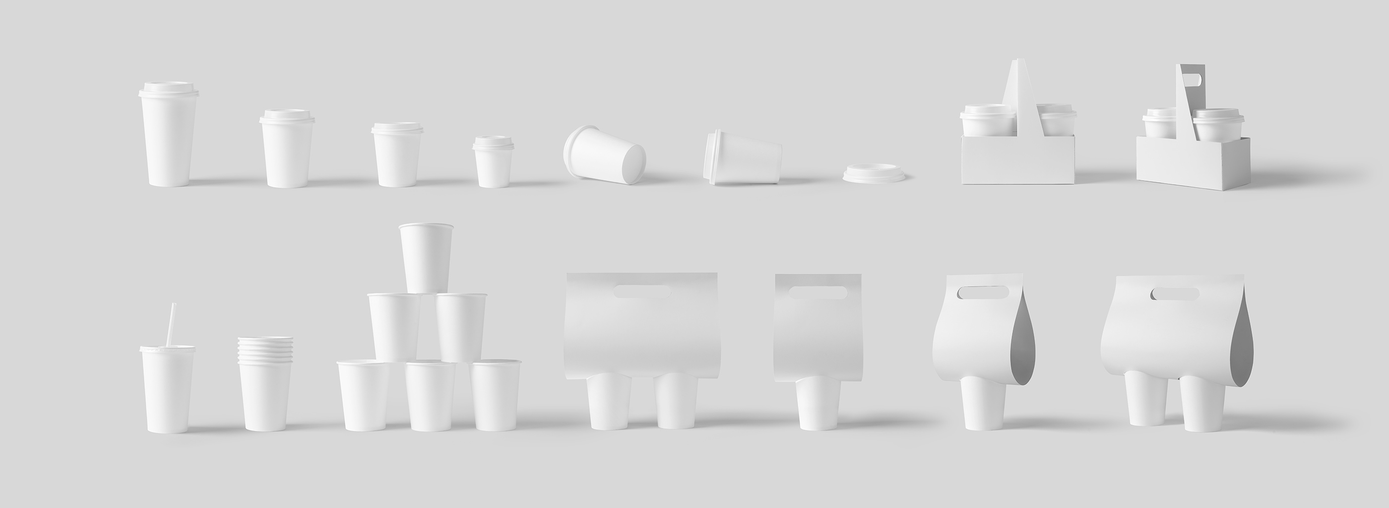 Front view of take away coffee cups and coffe holders from Front View Mockups.