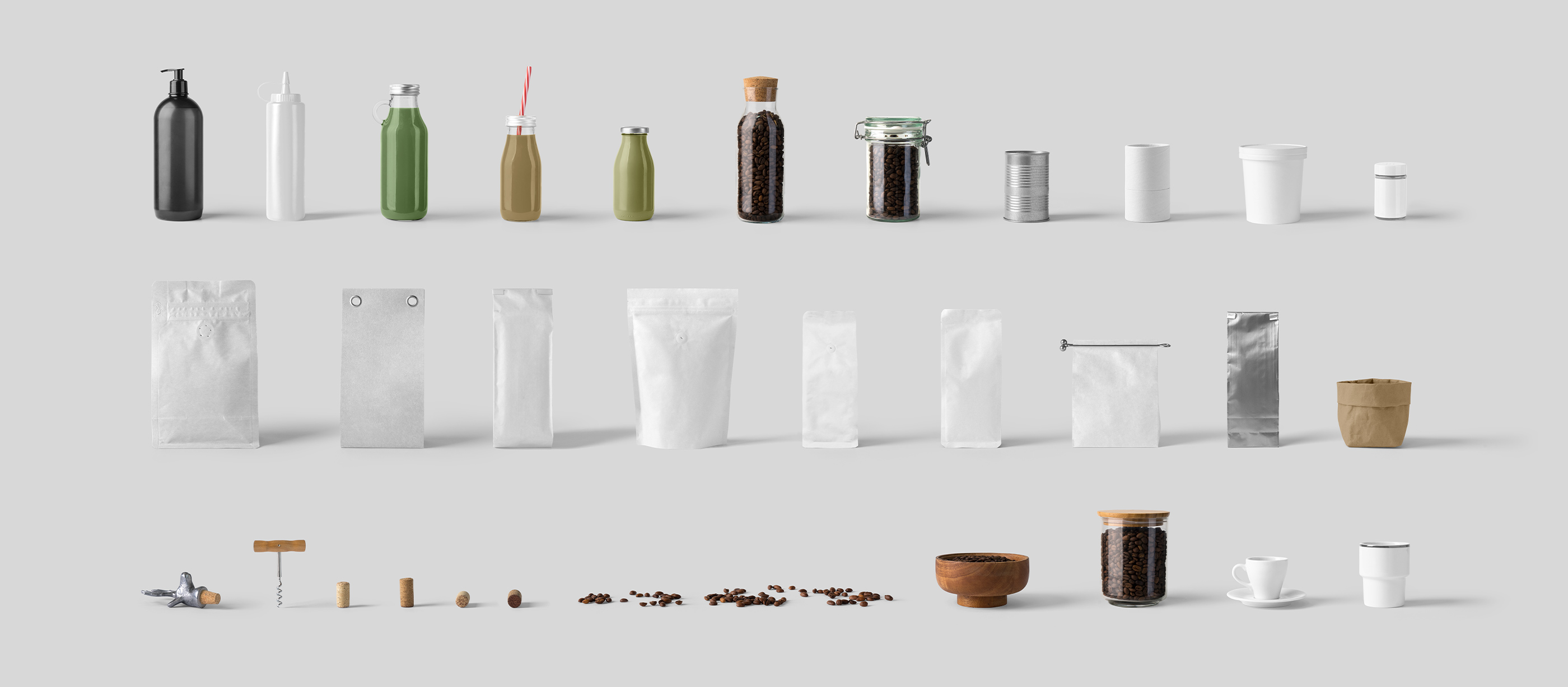 Front view of coffee bags, corcks, juice bottles, coffee from Front View Mockups.
