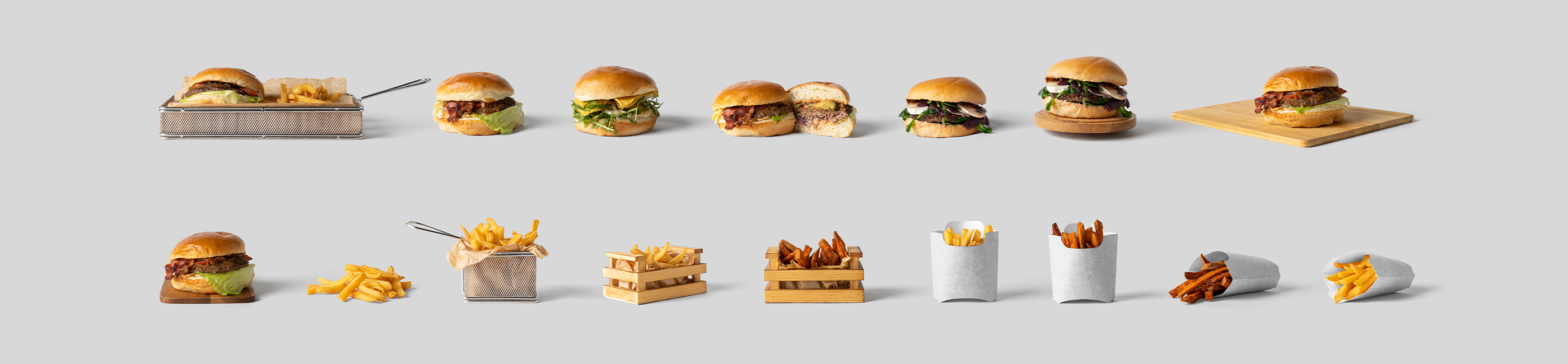 Front view of burgers and french fries from Front View Mockups.