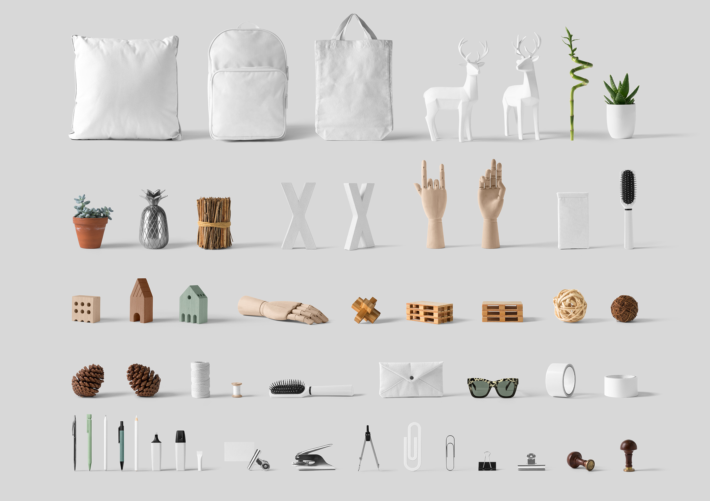 Front view of pens, bags, backpack, hairbrush, plants, clips, home decorations from Front View Mockups.