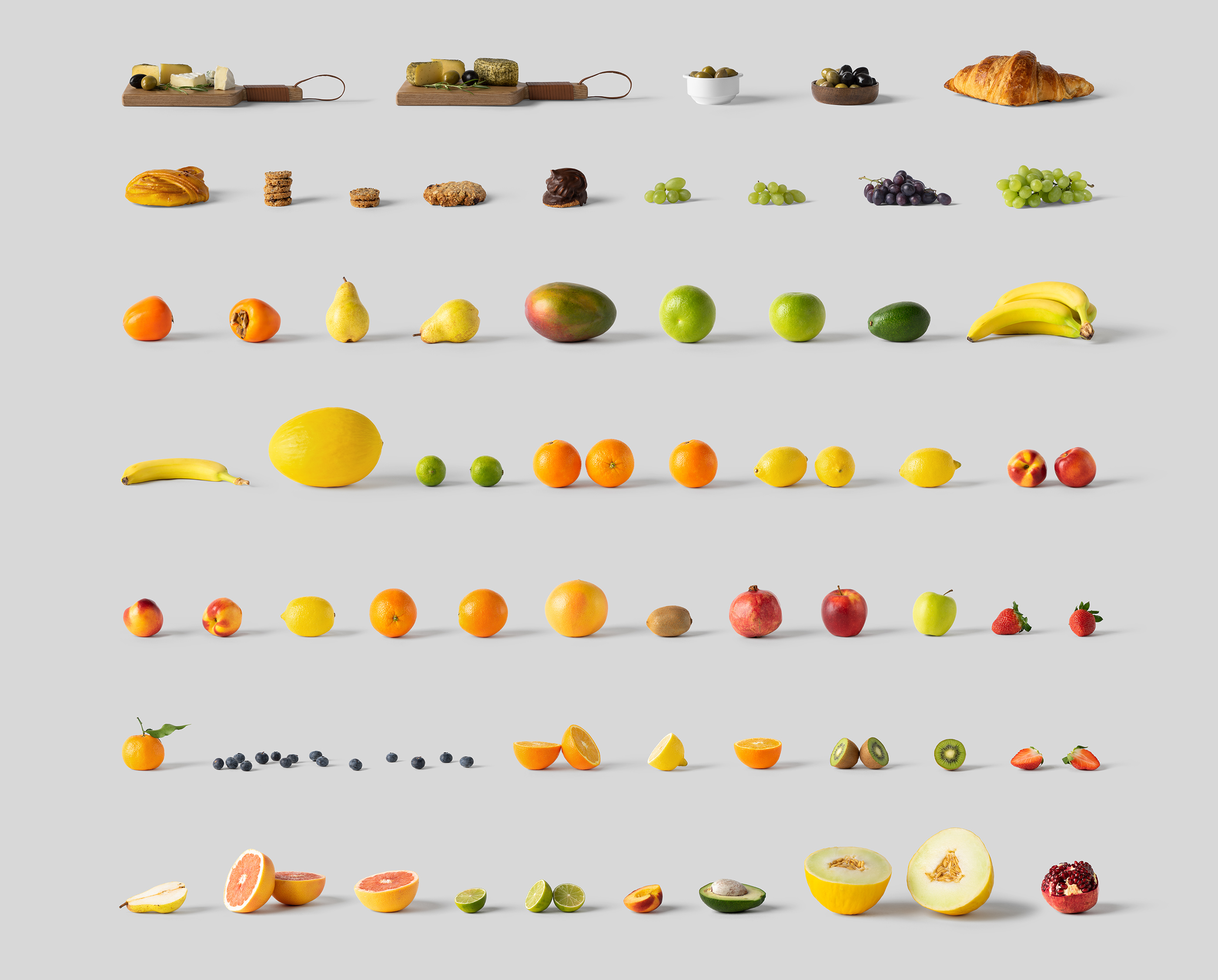 Front view of fruits, cheese, pastry and cookies from Front View Mockups.