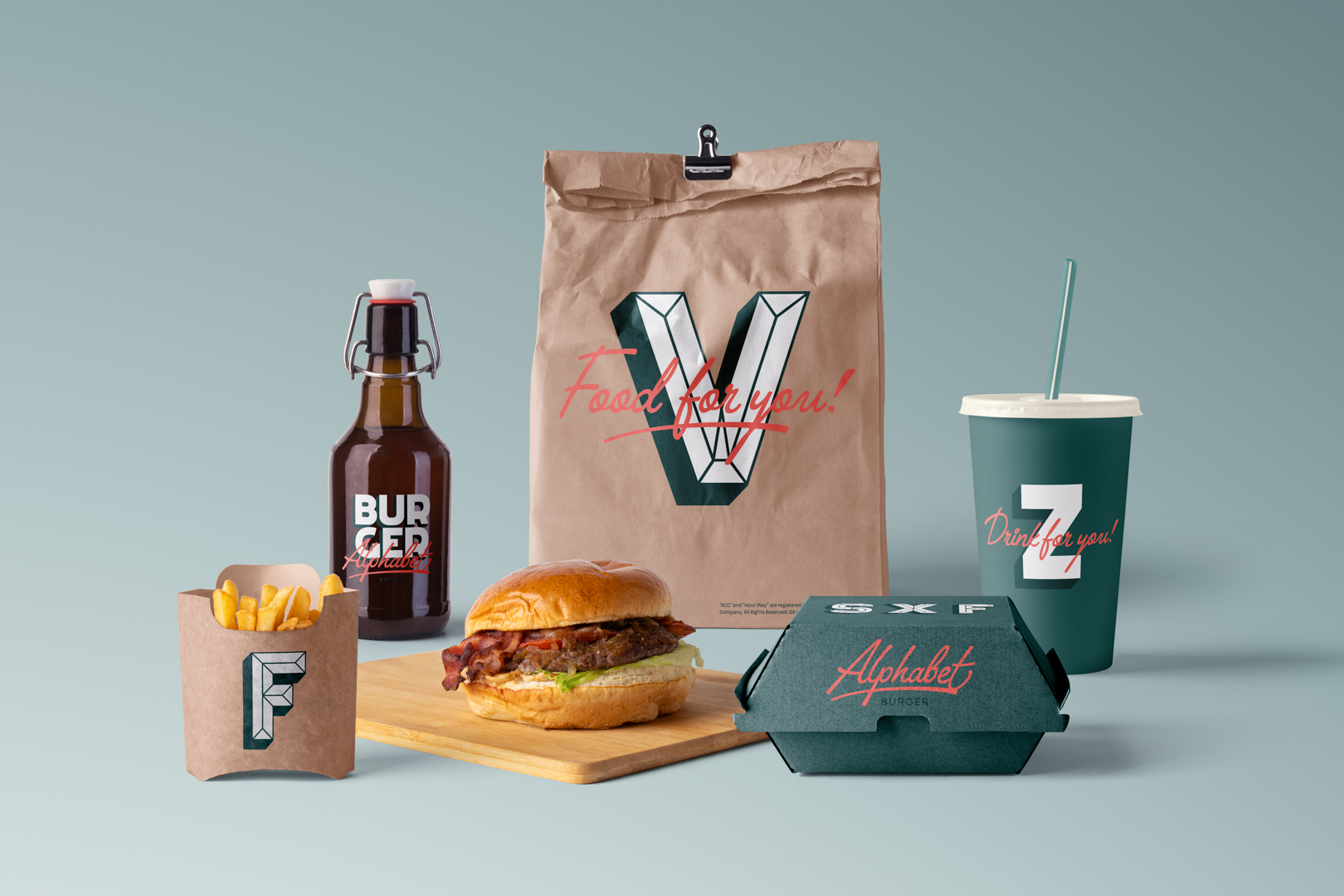 Front View Mockups burger restaurant project scene, with burger, beer bottle and take away boxes.