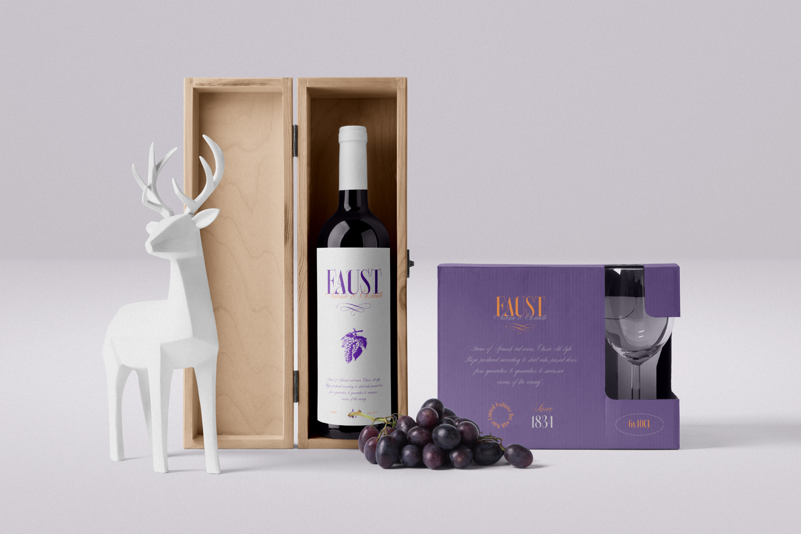 Wine project scene with wine bottle and box of wine glasses, made with Front View Mockups.