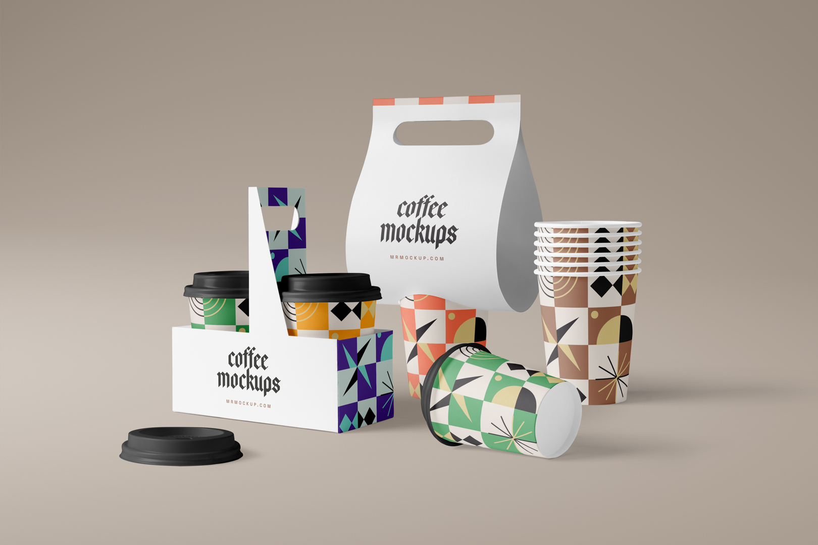 Cafe project scene with take away cups and cup holders made with Front View Mockups.