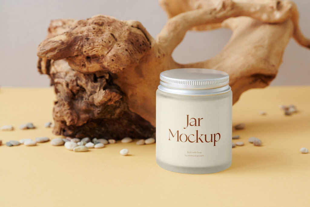 Jar mockup on the table with root.