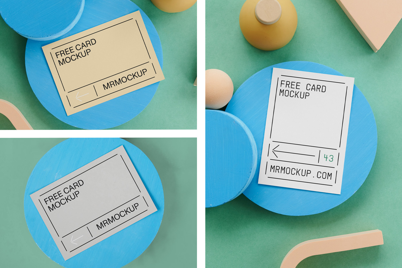 The three card's mockup is placed on circle blocks seen from above.