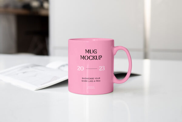 Ceramic mug mockup on white the table with an open magazine.