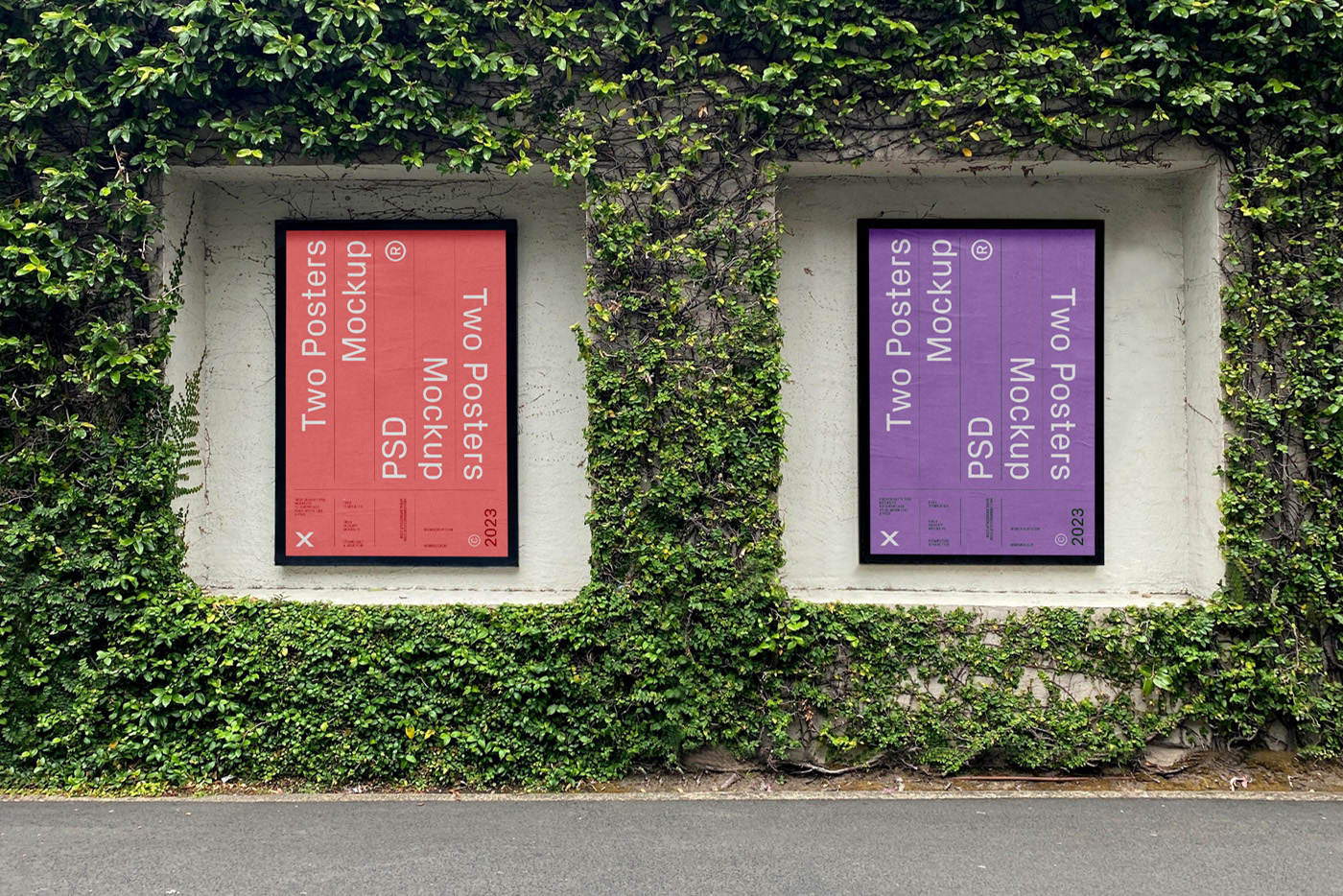 Two posters on the wall mockup are overgrown with plants.