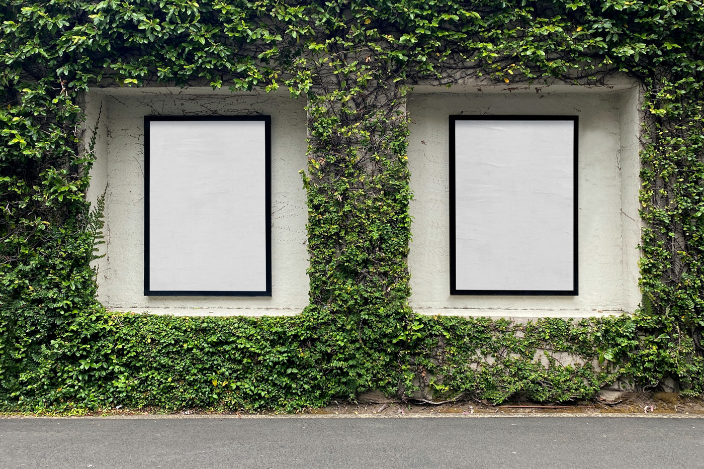 Two blank posters on the wall mockup are overgrown with plants.