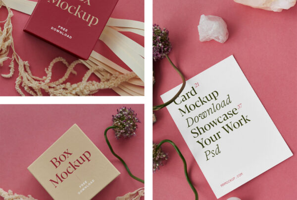 Two small gift boxes with paper card mockup lying on the pink floor