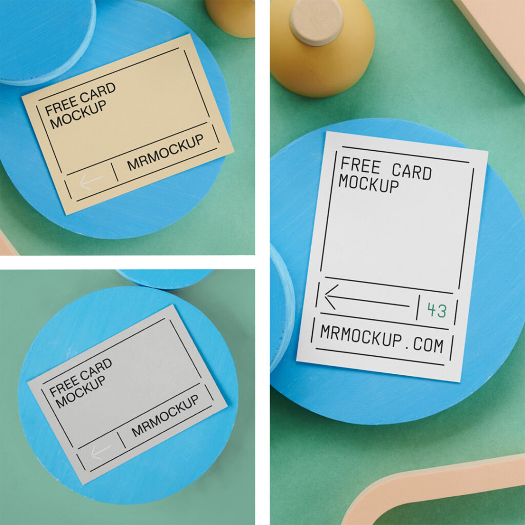 The three card's mockup is placed on circle blocks seen from above.