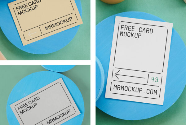 The three card's mockup is placed on circle blocks seen from above.