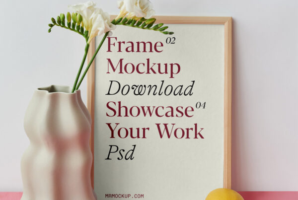 Rectangle wood frame mockup with a vase on the pink floor.