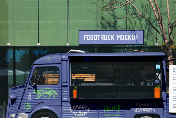 Vintage food truck mockup with a small banner and menu, parked across the corporate building.