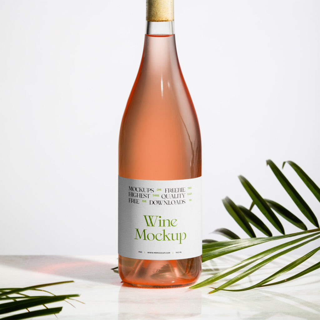 A wine bottle mockup, with a paper label, is placed on the table, seen from the front.